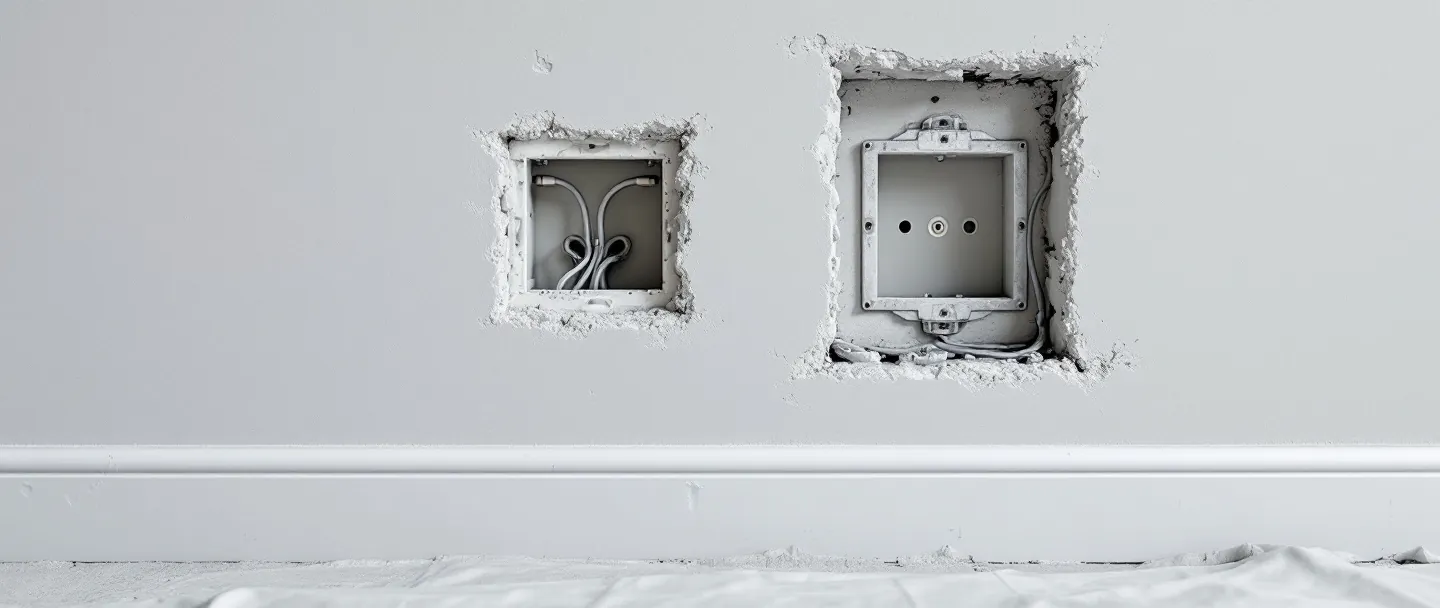 Wall chased for new cables and metal back boxes during the first fix of a full rewire