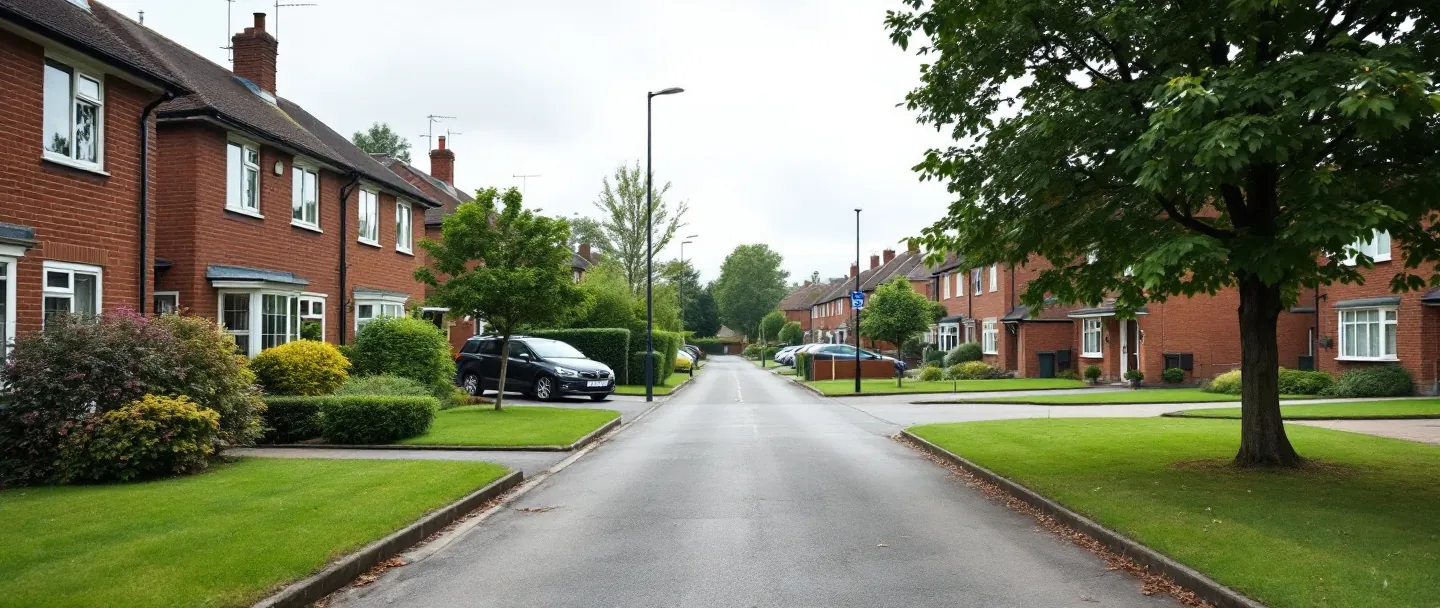 Street of 1970s new-town homes, typical of the Milton Keynes housing we rewire