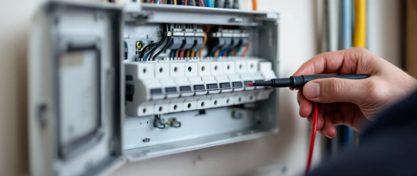 Electrician testing circuits at a new consumer unit during a rewire in Milton Keynes